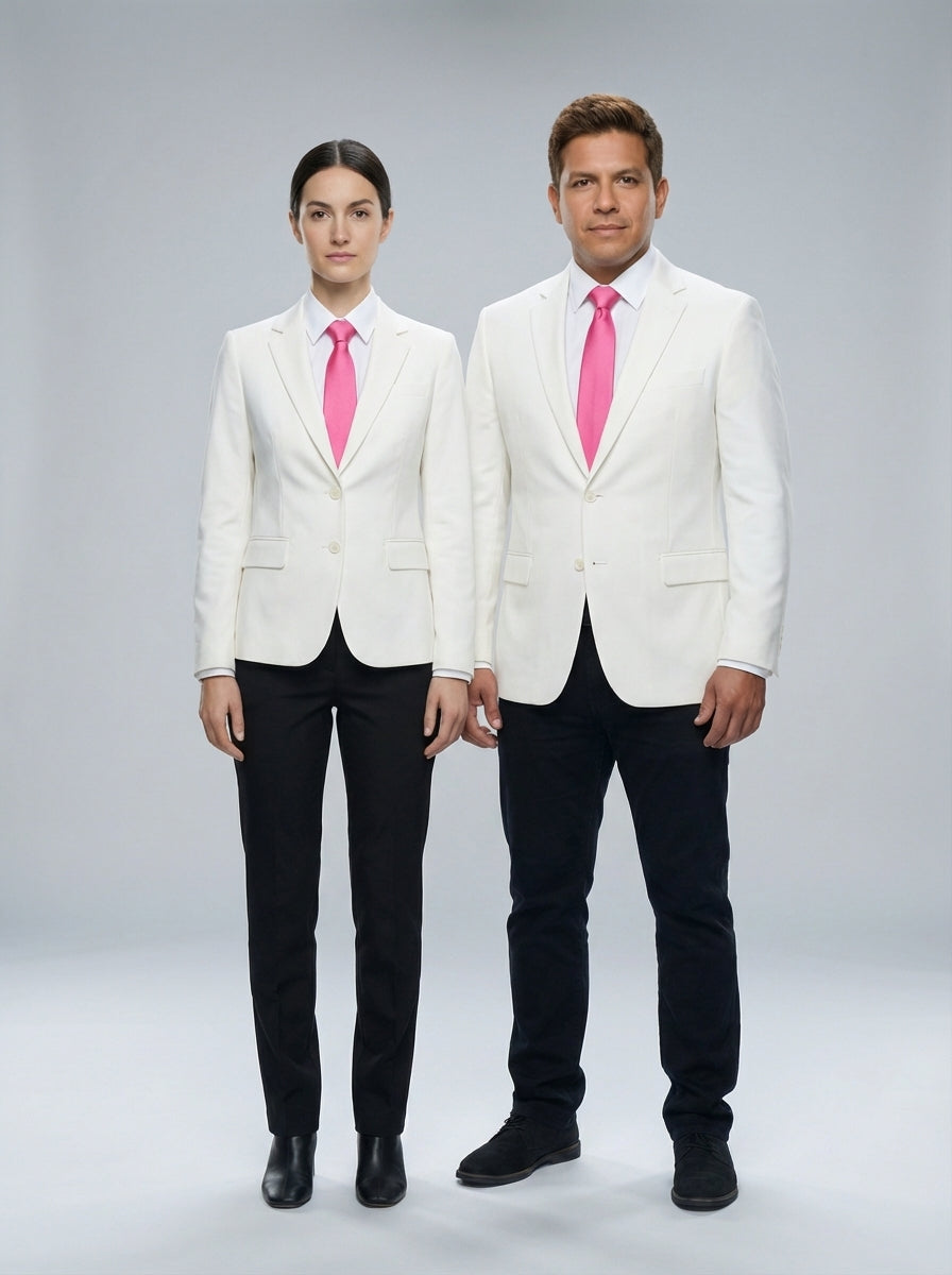 Dama y caballero con saco marfil de un botón y corbata fucsia sobre camisa blanca para personal de restaurante.