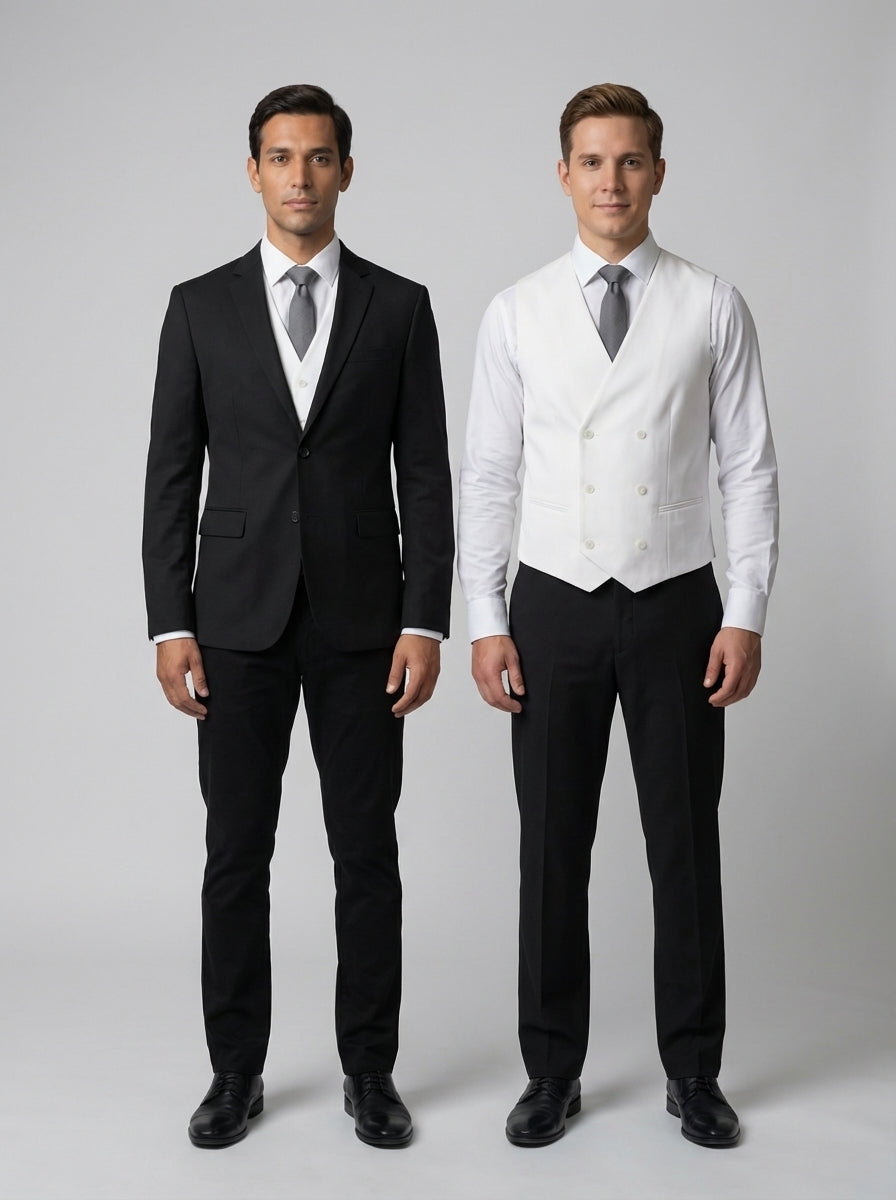 Dos caballeros con saco negro y chaleco blanco sobre camisa blanca con corbata gris para mesero de restaurante.