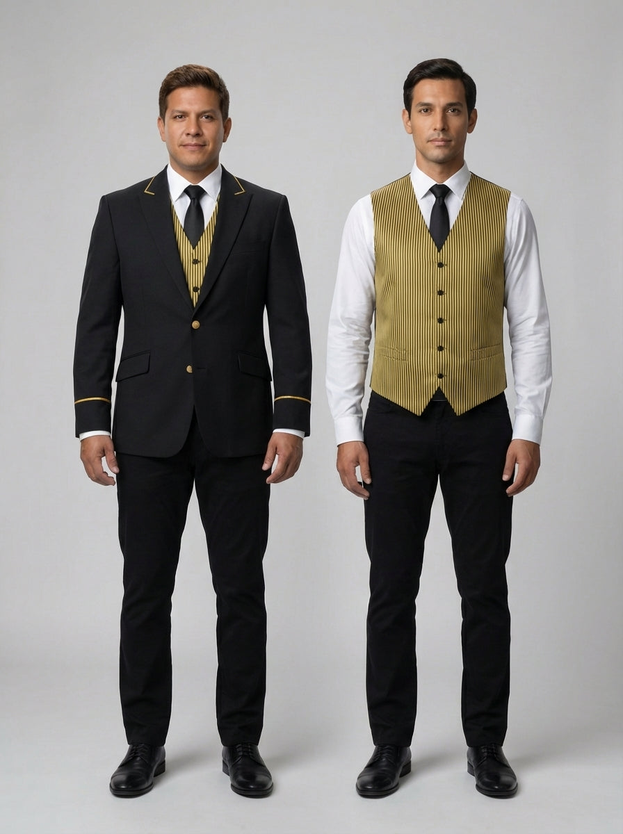Dos caballeros con saco negro de galón dorado y chaleco dorado a rayas para valet y concierge de hotel.