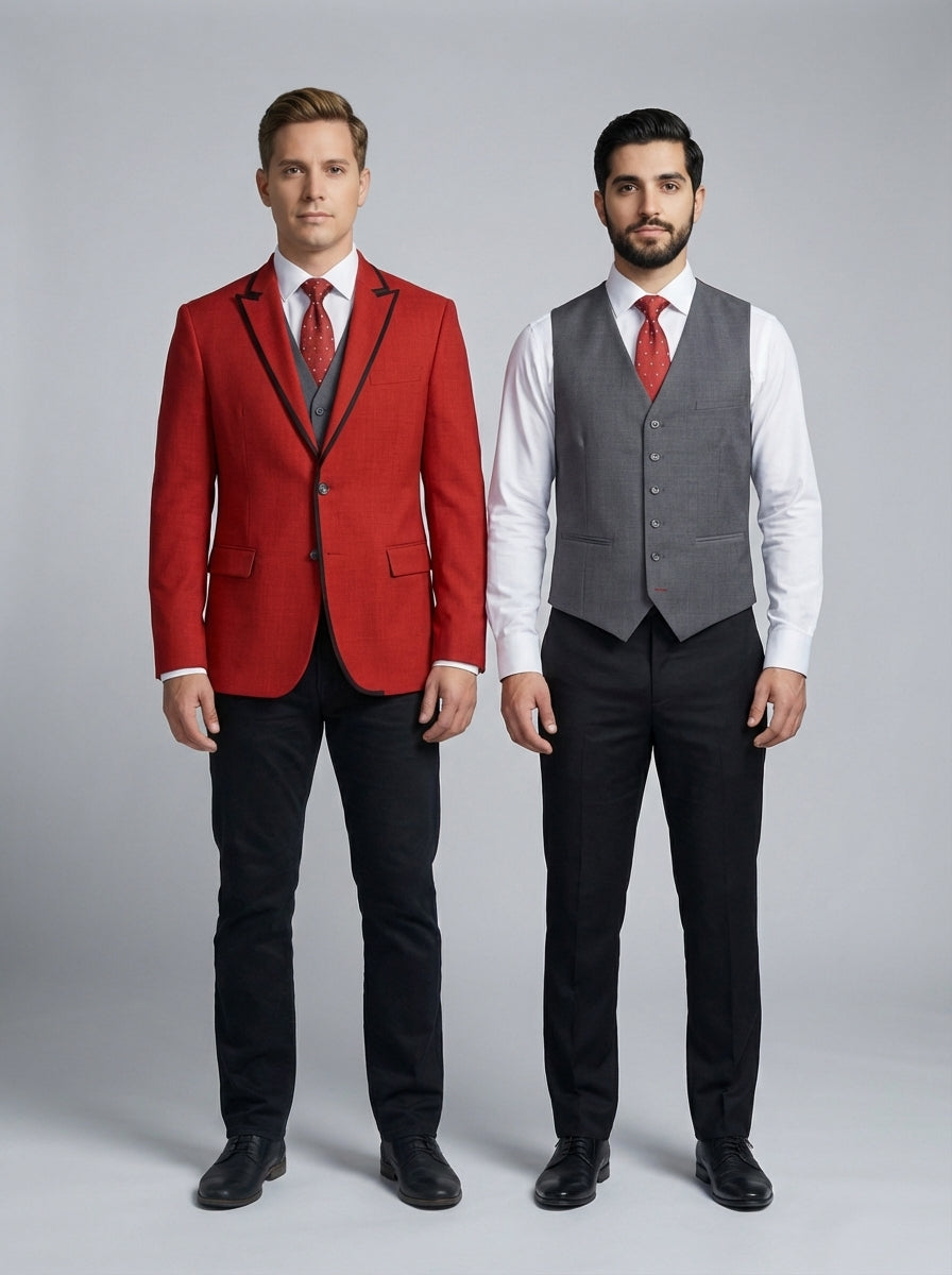 Dos caballeros con saco rojo de vivo negro y chaleco gris, camisa blanca y corbata roja, para bellboy y valet de hotel.