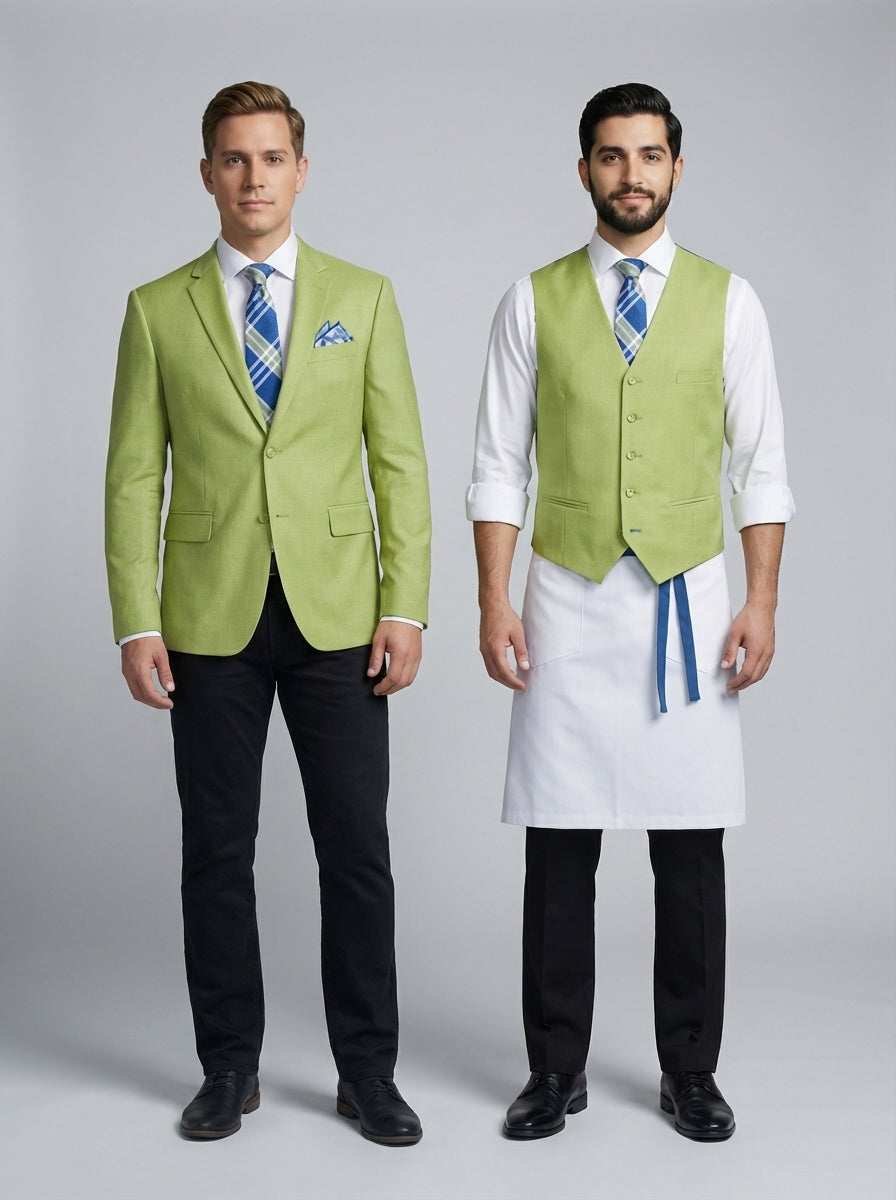 Dos caballeros con saco y chaleco verde lima sobre camisa blanca con corbata de cuadros azul para mesero de restaurante.