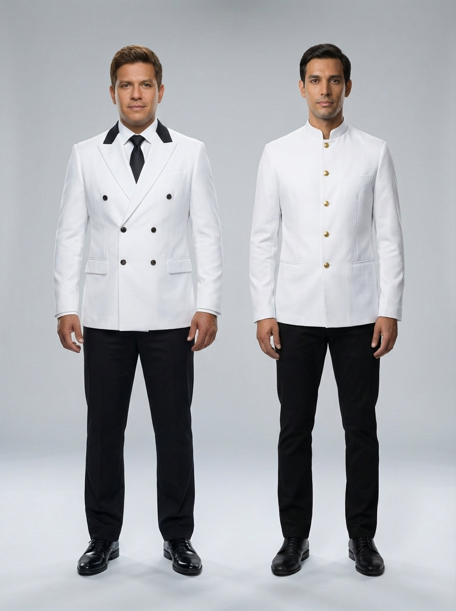 Dos caballeros con saco blanco, cruzado de solapa negra y de cuello mao con botones dorados, para personal de restaurante.