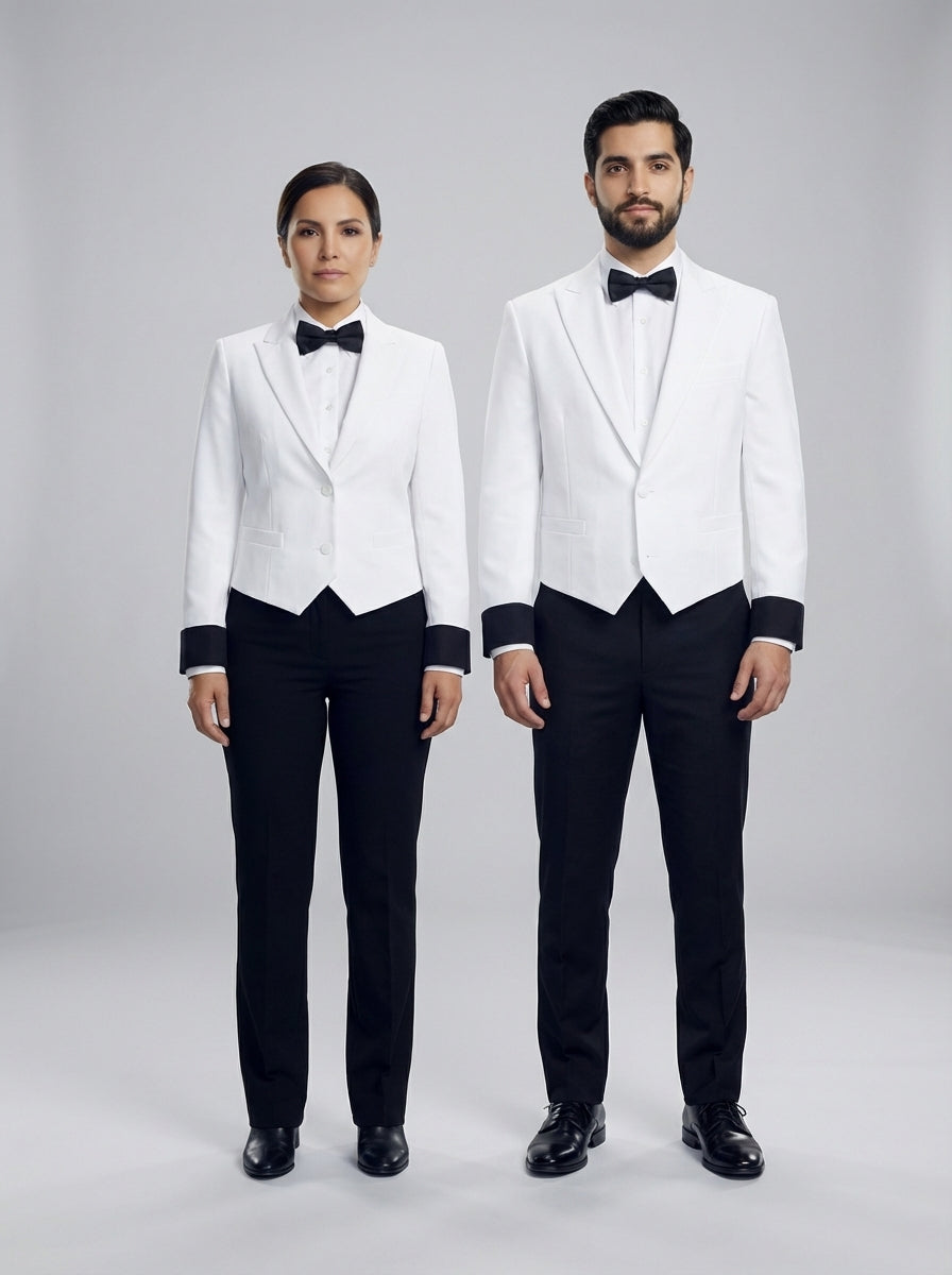 Dama y caballero con saco blanco de esmoquin corto y moño negro sobre camisa blanca para personal de restaurante.