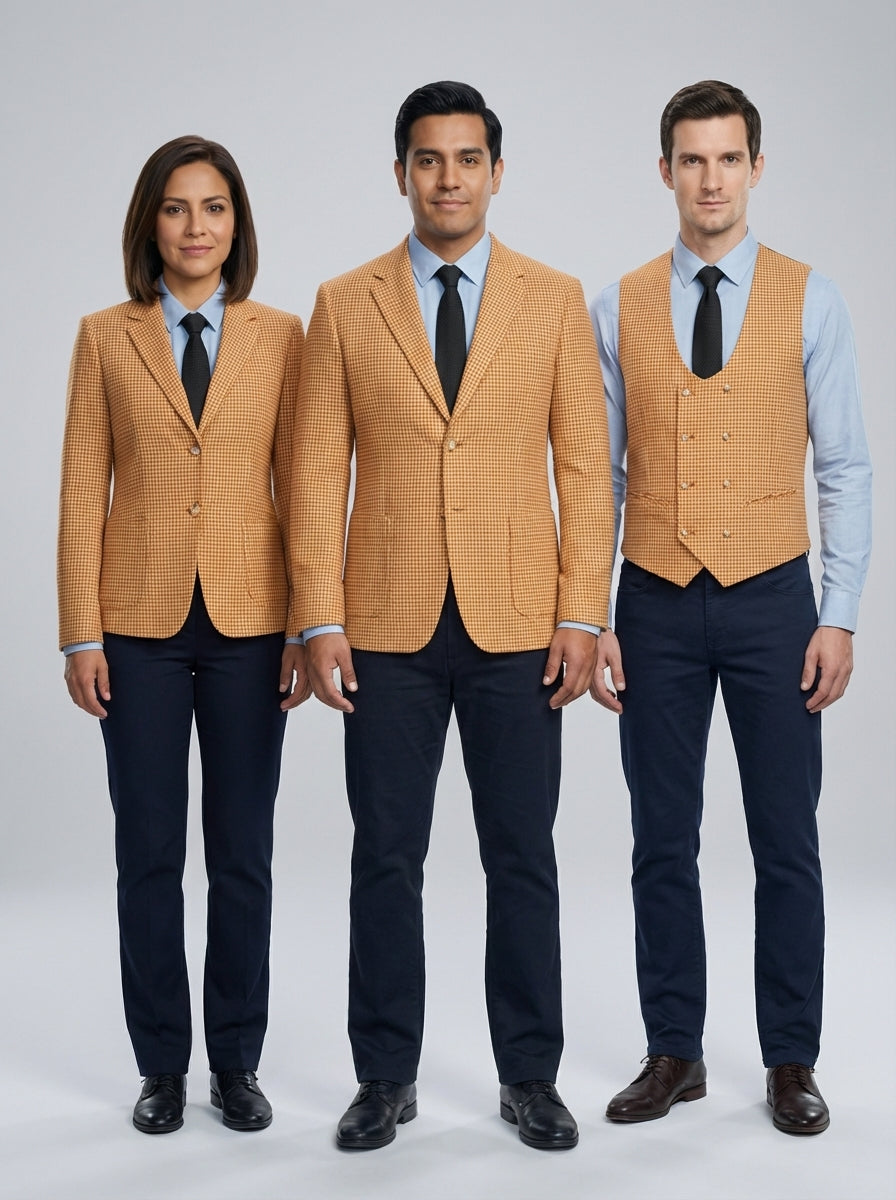 Dama y caballeros con saco y chaleco ámbar de cuadro pata de gallo sobre camisa azul con corbata negra para personal de restaurante.