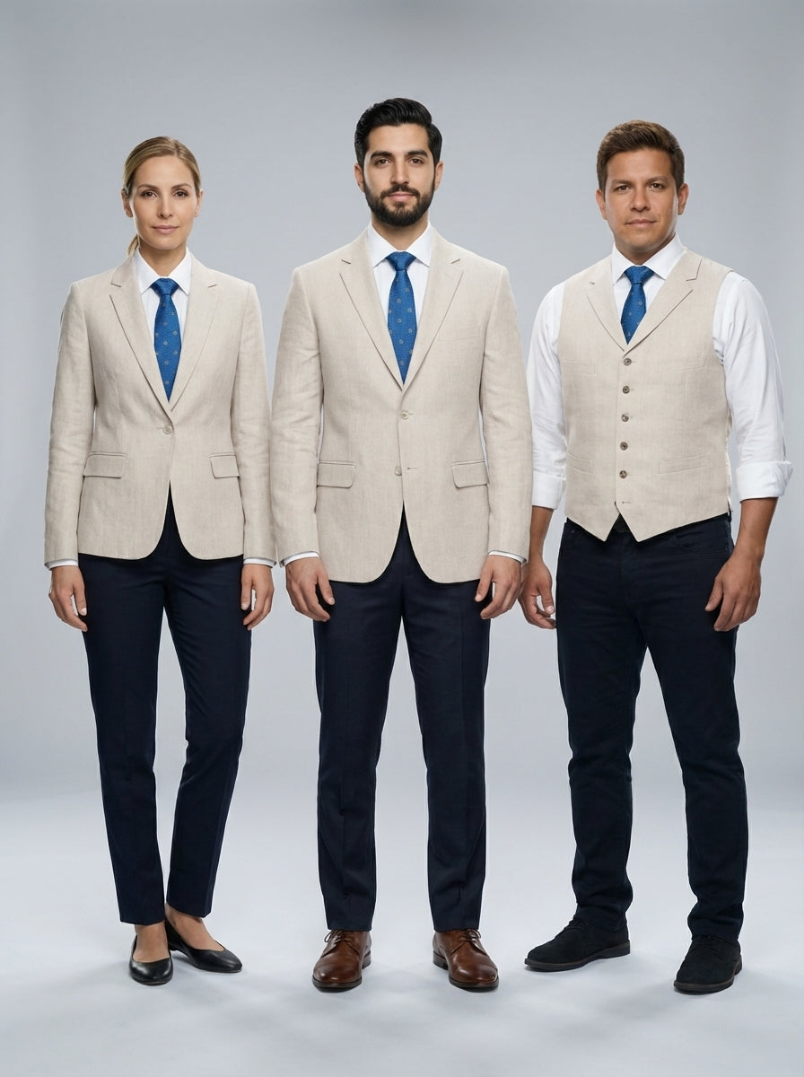 Dama y caballeros con saco y chaleco beige sobre camisa blanca con corbata azul para personal de restaurante.