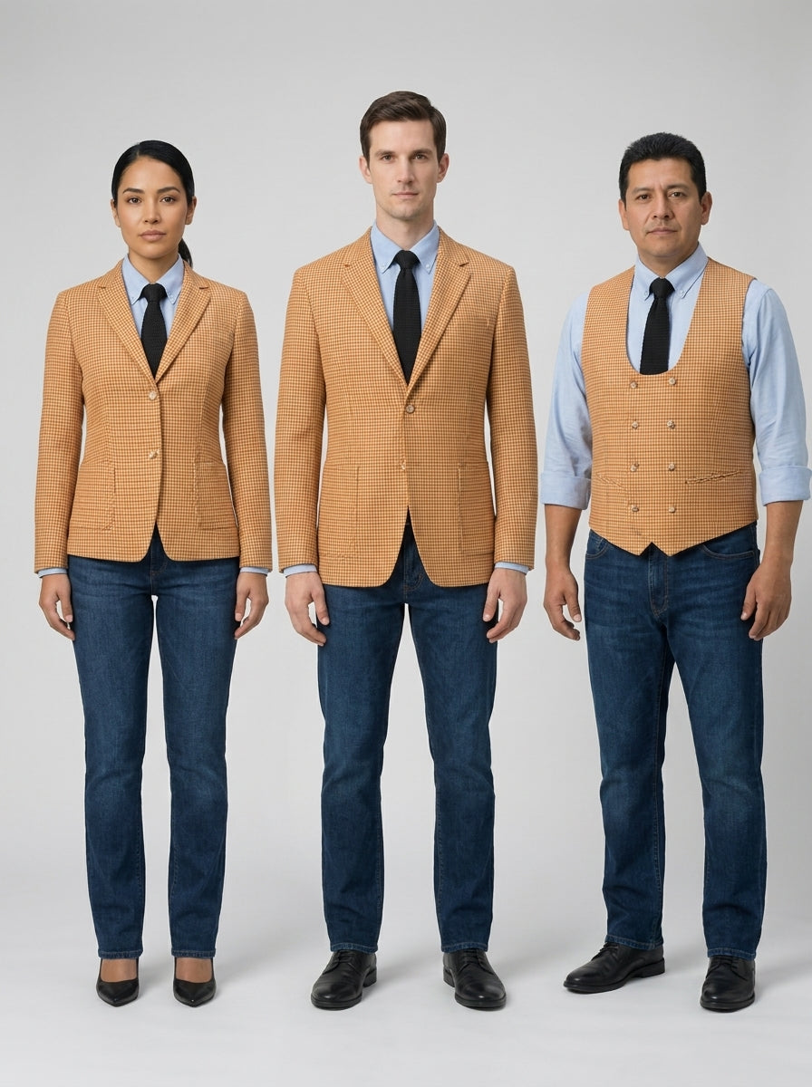 Tres colaboradores con saco y chaleco naranja a cuadros, camisa azul y jeans, para recepción de resort.