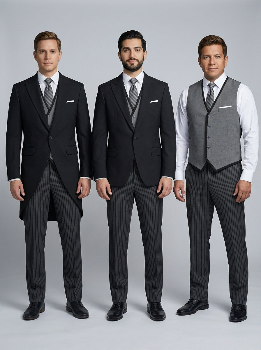 Tres caballeros con levita y saco negro y chaleco gris sobre camisa blanca con corbata de rayas para personal de restaurante.