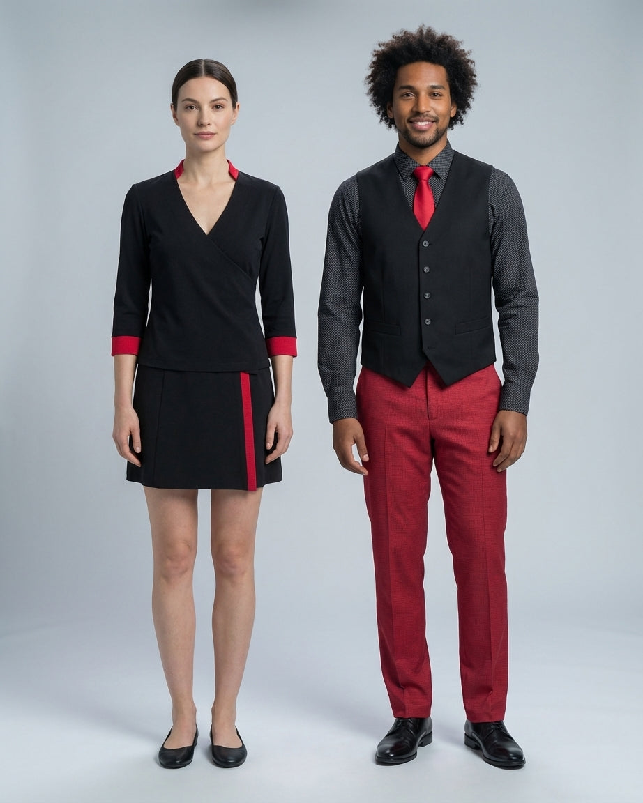 Dama con top cruzado negro de detalle rojo y caballero con chaleco negro y pantalón rojo para bar de casino.