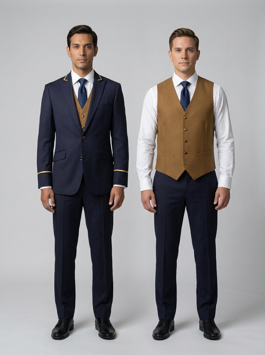 Dos caballeros con traje azul marino de galón dorado y chaleco caramelo para concierge y valet de hotel.