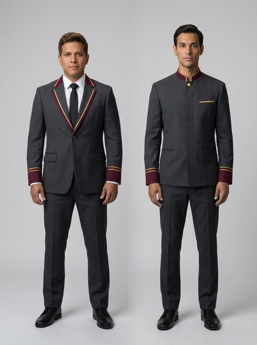 Dos caballeros con traje gris de vivo vino y dorado, de solapa y de cuello mao, para concierge y portero de hotel.