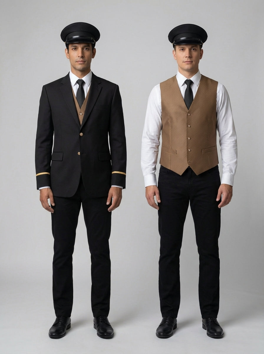 Dos caballeros con saco negro de galón dorado, gorra de plato y chaleco dorado a rayas para valet y portero de hotel.