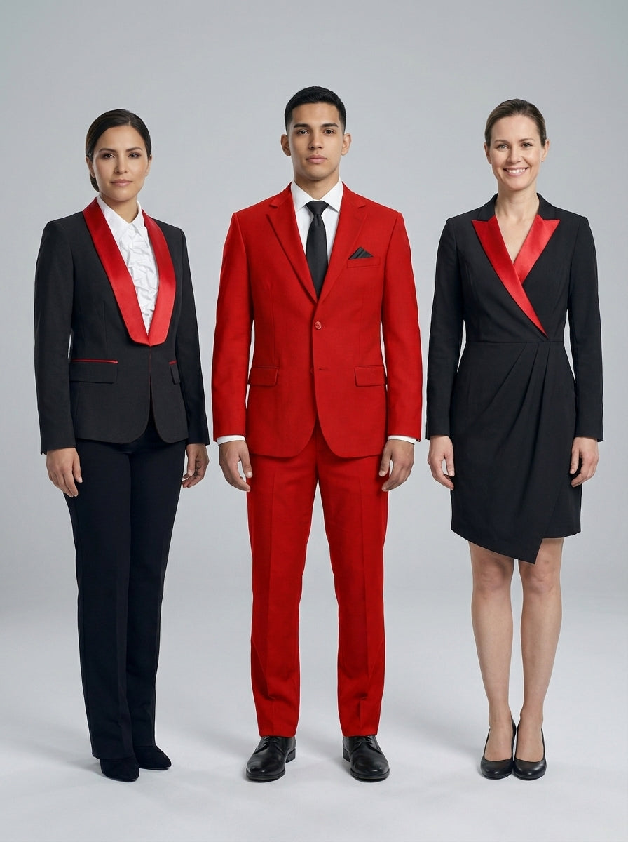 Uniformes formales de casino en rojo y negro: traje, blazer y vestido para personal de sala.