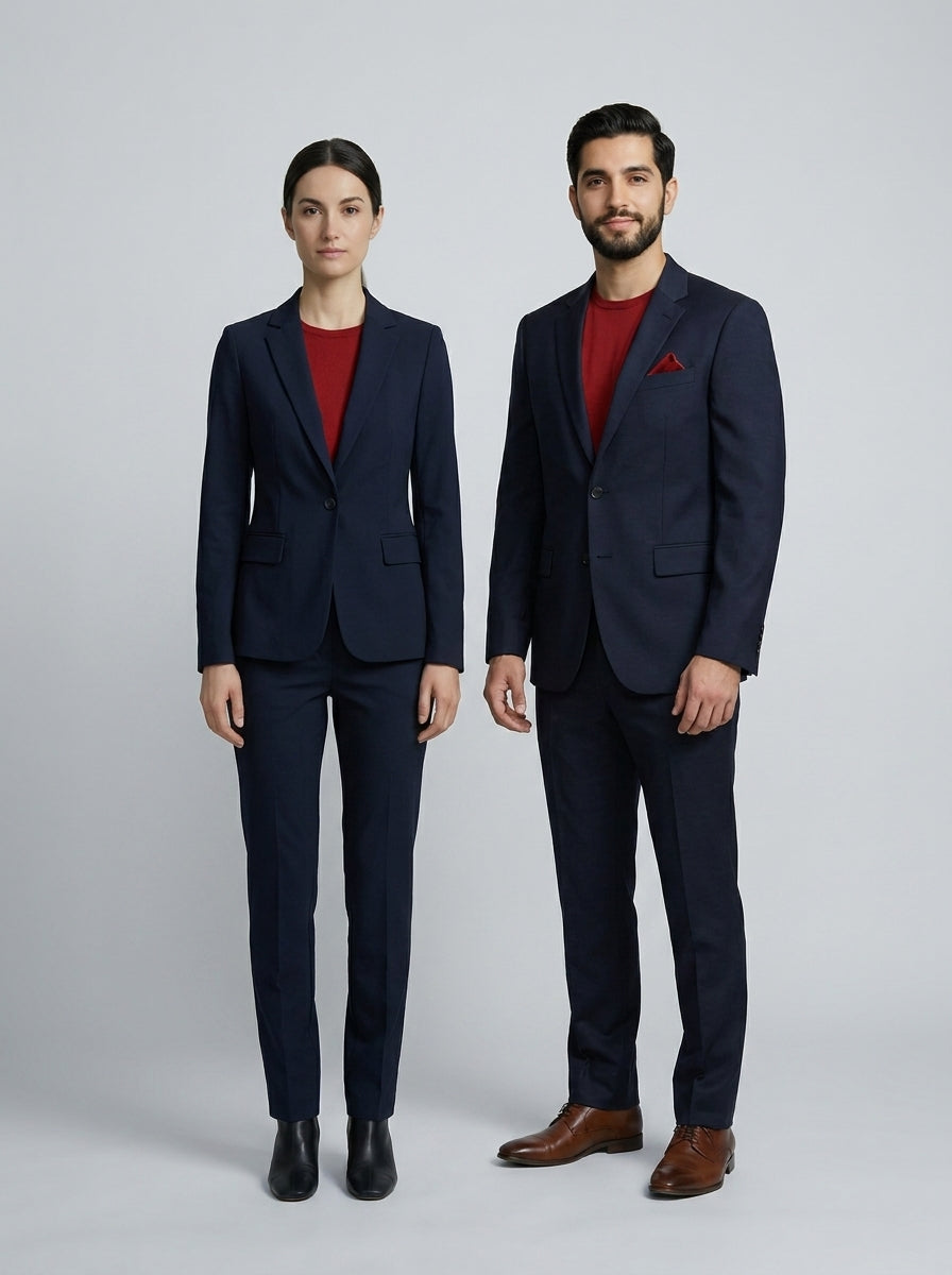 Dama y caballero con traje azul marino y prenda interior roja para seguridad de hotel y casino.