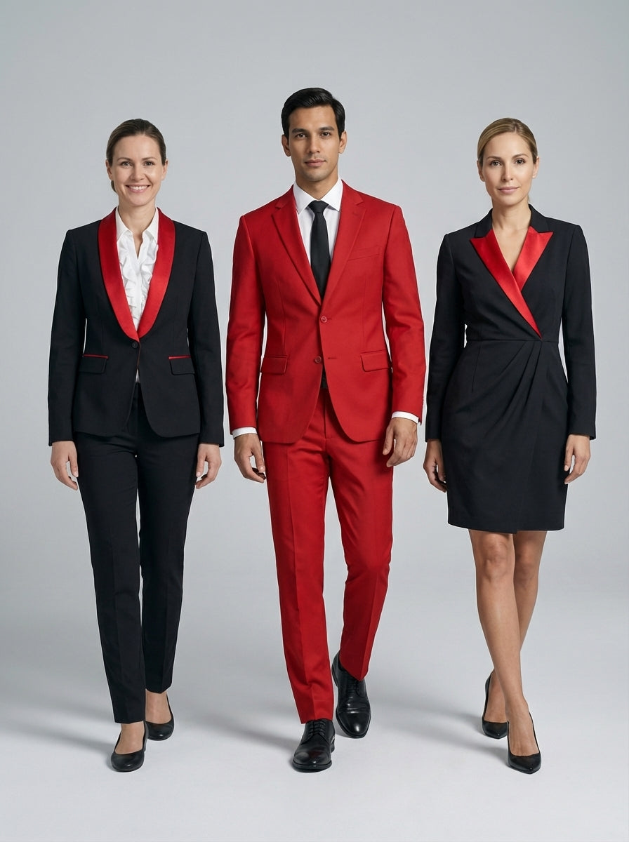 Dama y caballero con conjunto de gala en negro y rojo con solapas rojas para bar de casino.