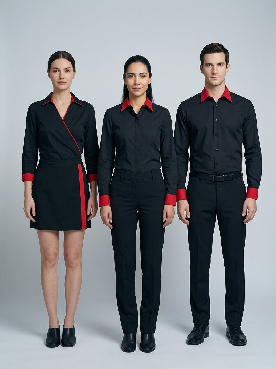 Camisa negra con cuello y puños rojos y túnica con detalle rojo, para personal de casino.