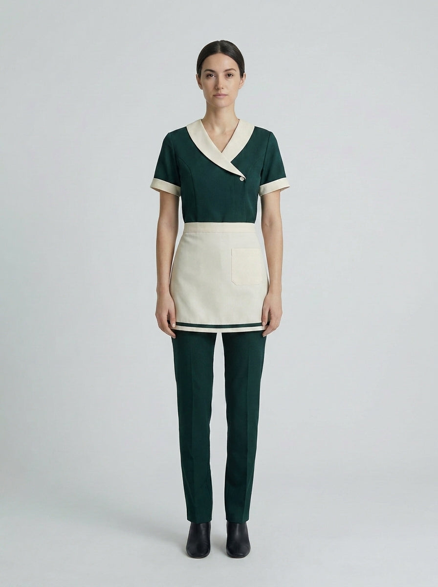 Dama con blusa verde de cuello cruzado crema, mandil de medio cuerpo y pantalón verde para camarista de hotel.