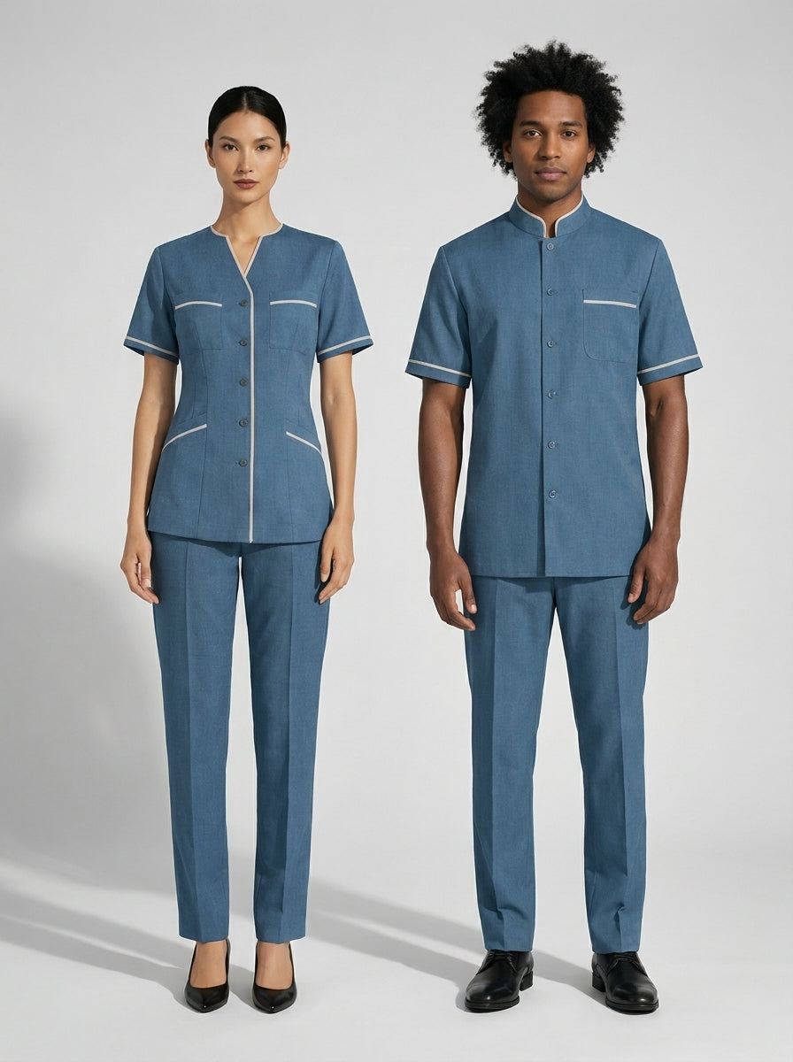 Dama con blusa azul acero de escote en V y caballero con camisa azul acero de cuello mao para camarista y mozo de hotel.