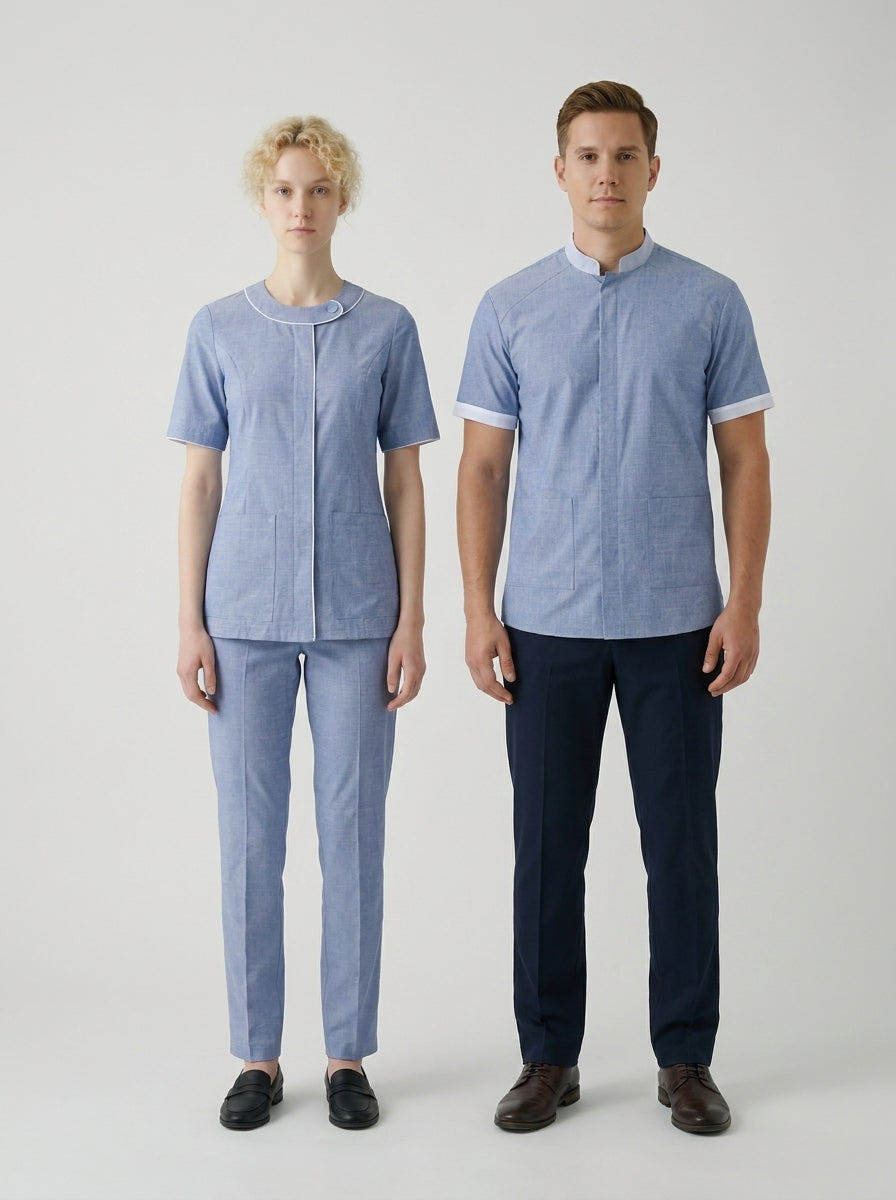 Dama con blusa azul chambray de cuello blanco y caballero con camisa azul chambray de cuello mao para camarista de hotel.