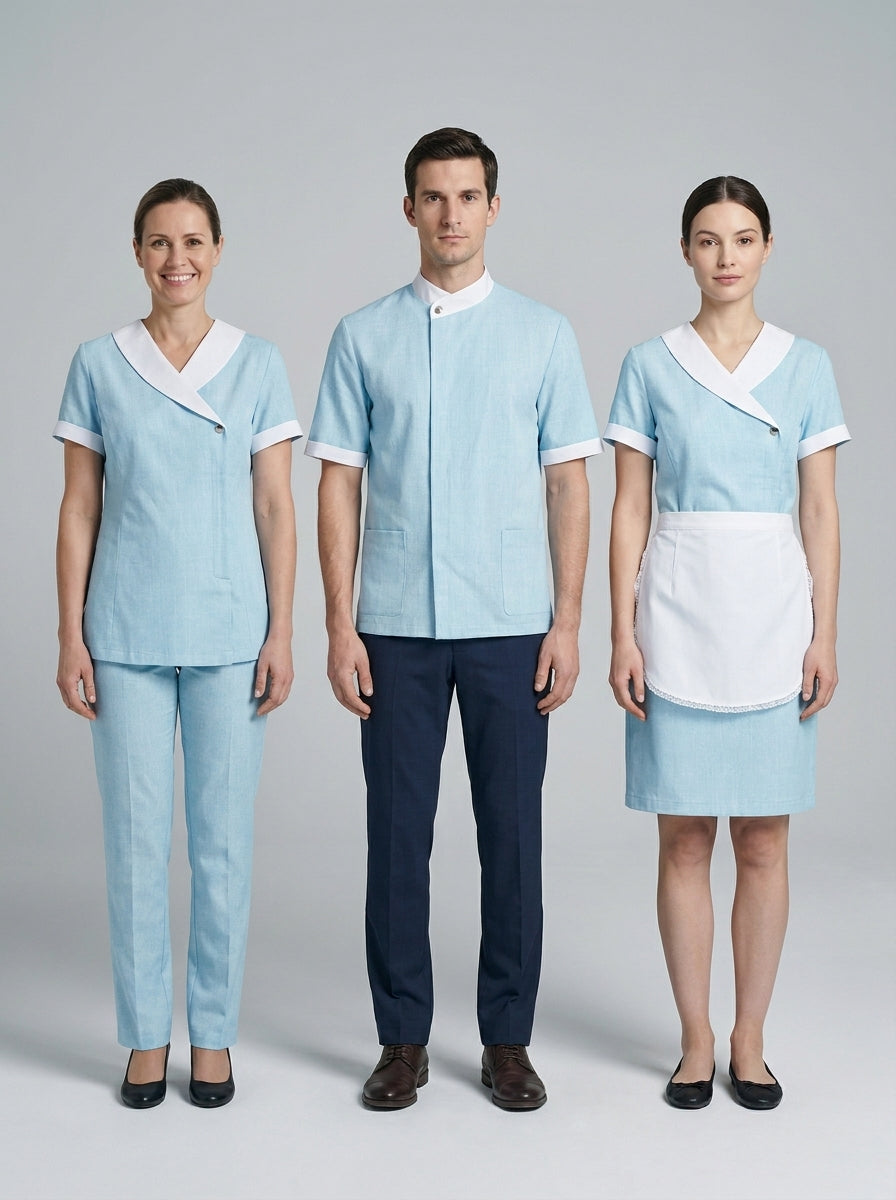 Dos damas con blusa azul cielo de cuello chal blanco y caballero con casaca azul de cuello mao para camarista y mozo de hotel.