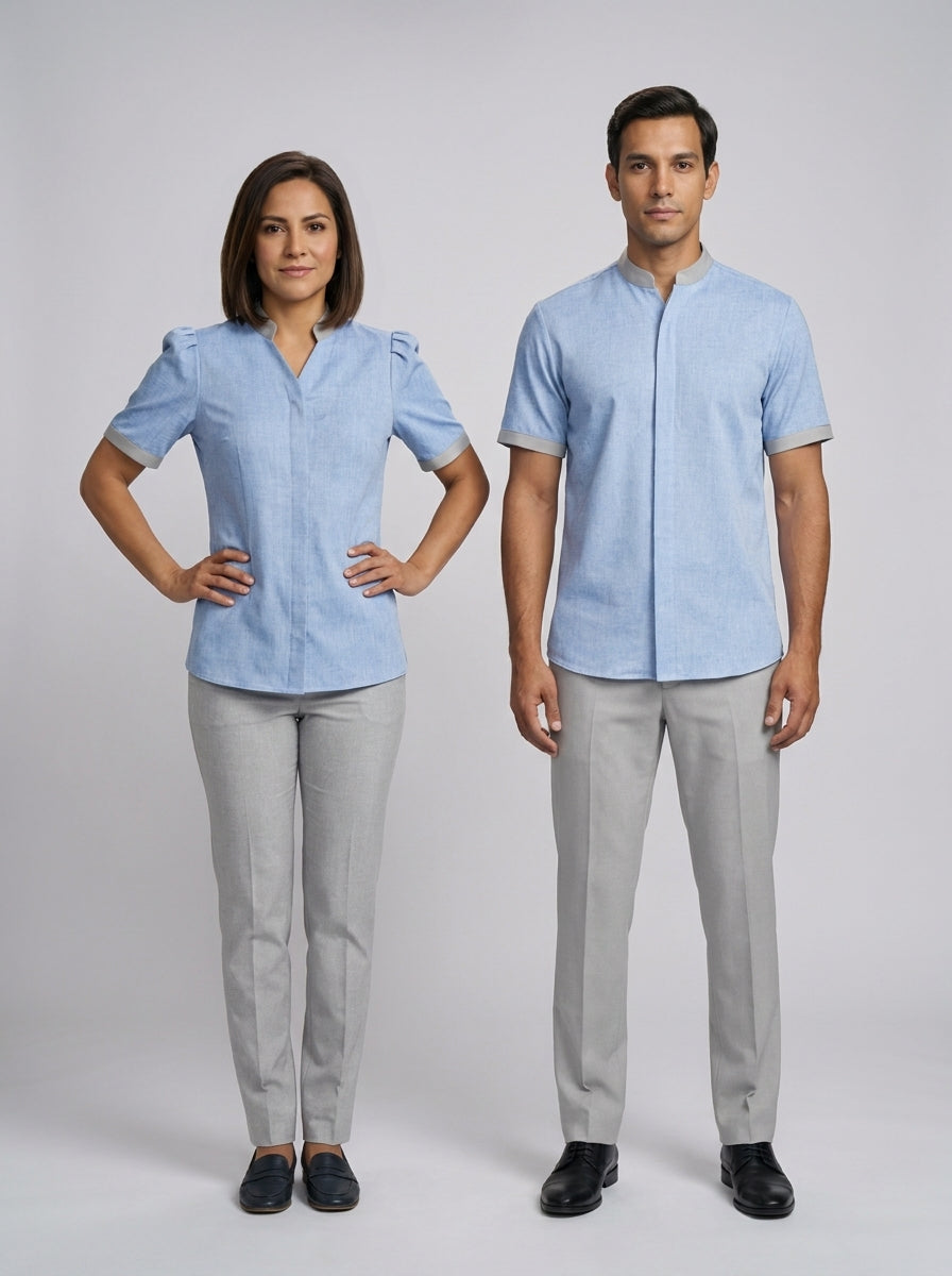 Dama con blusa azul cielo de escote en V y caballero con camisa azul cielo de cuello mao gris para camarista y mozo de hotel.