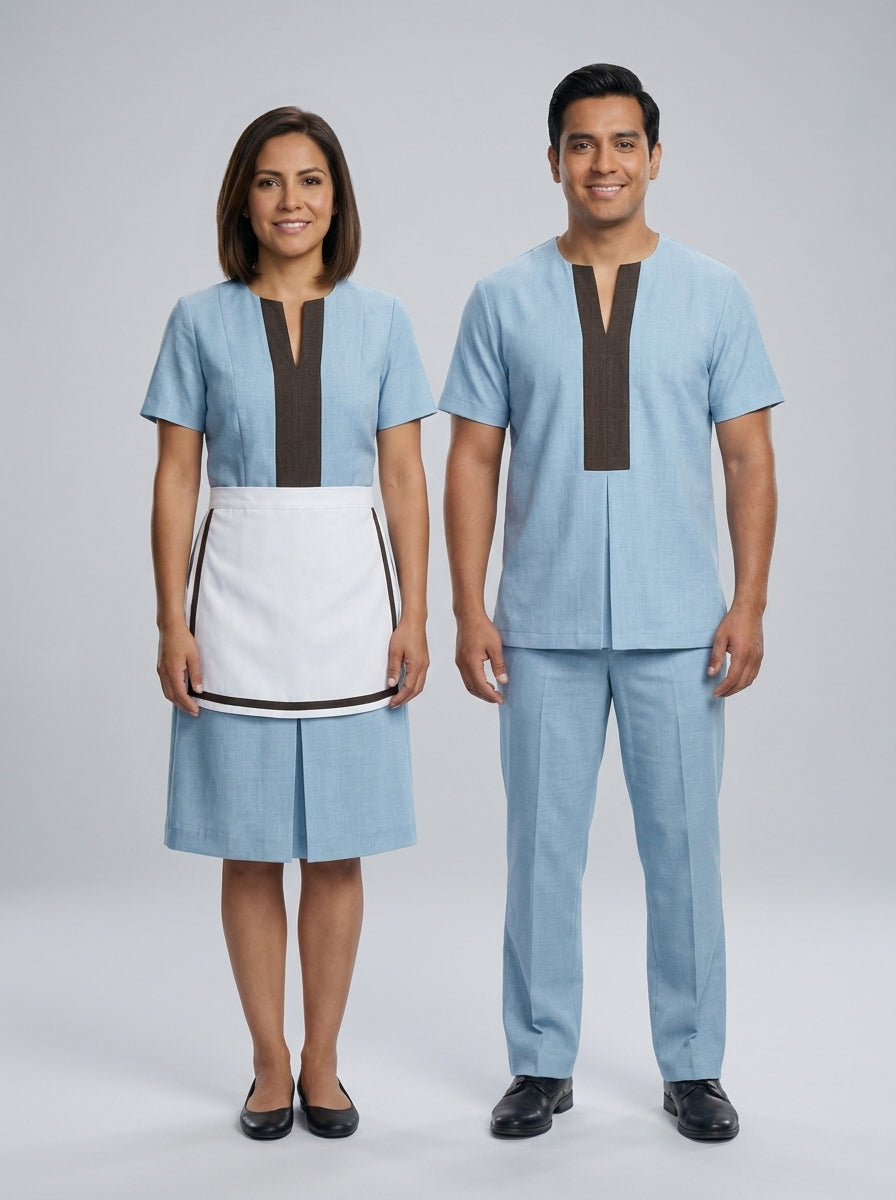 Dama con blusa azul cielo de franja café y mandil y caballero con blusa azul cielo de franja café para camarista de hotel.