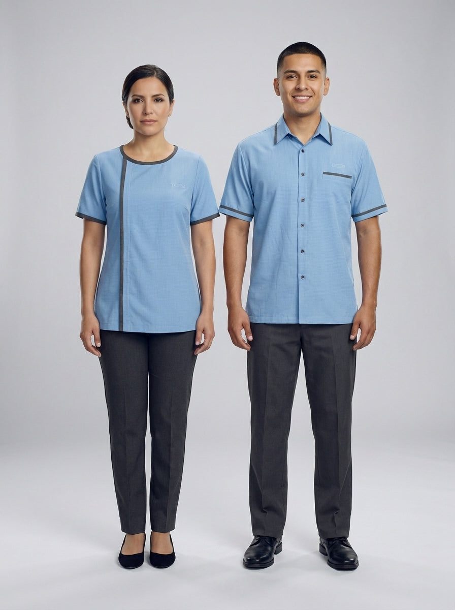 Dama con blusa azul cielo de franja gris y caballero con camisa azul cielo de puño gris para camarista y mozo de hotel.