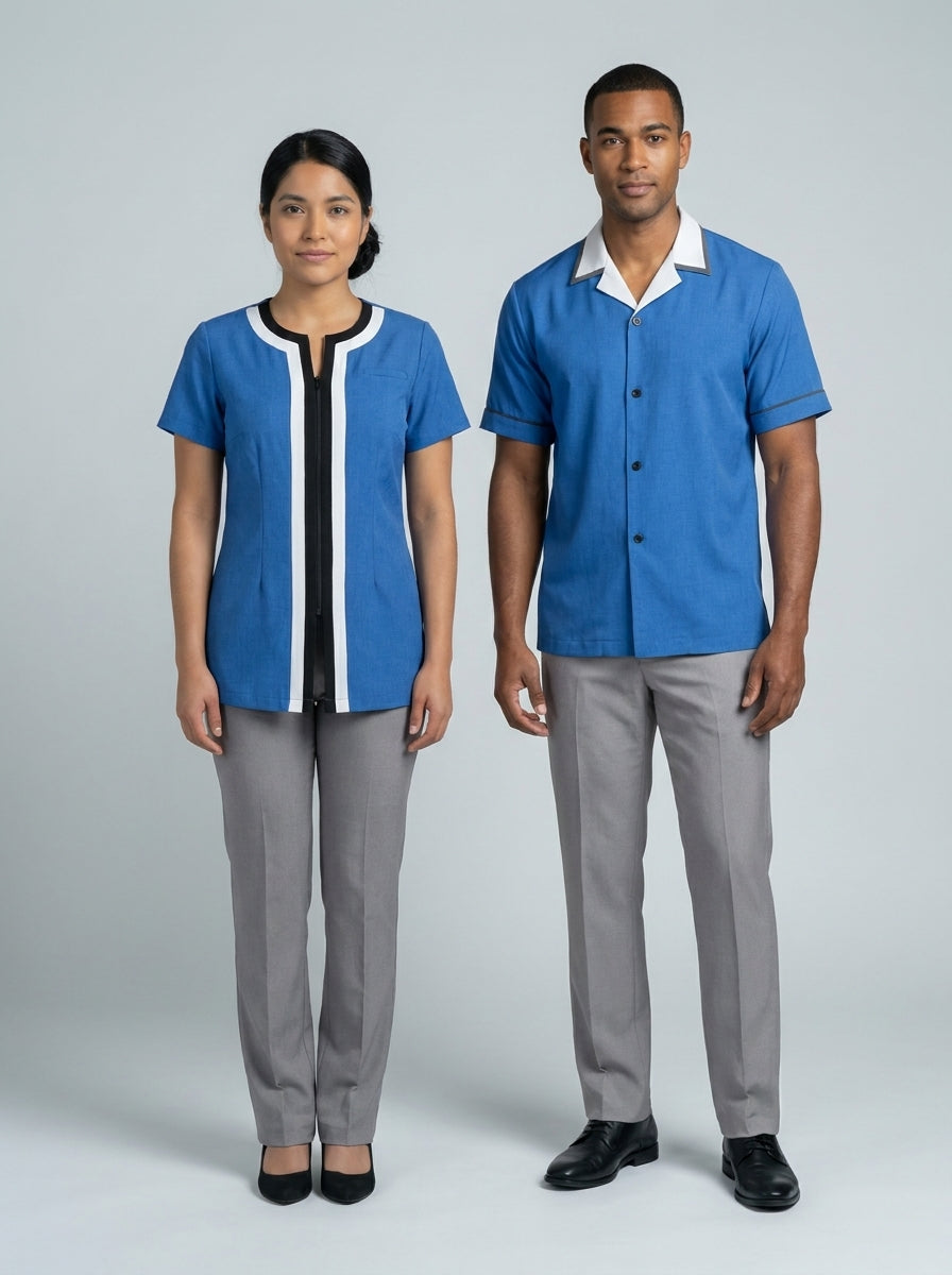 Dama con blusa azul cobalto de franja blanca y caballero con camisa azul cobalto de cuello blanco para camarista de hotel.