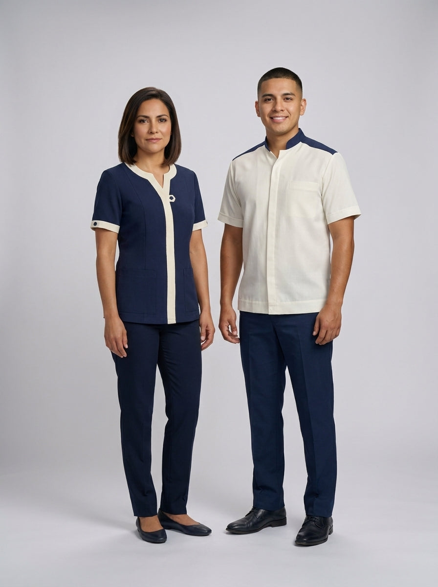 Dama con blusa azul marino de franja crema y caballero con camisa crema de canesú azul marino para camarista y mozo de hotel.
