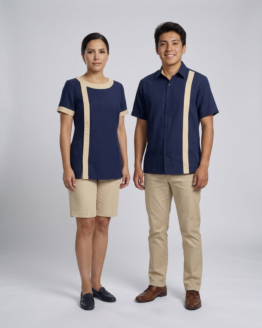 Dama con blusa azul marino de franja caqui y bermuda y caballero con camisa azul de franja caqui para camarista de resort.