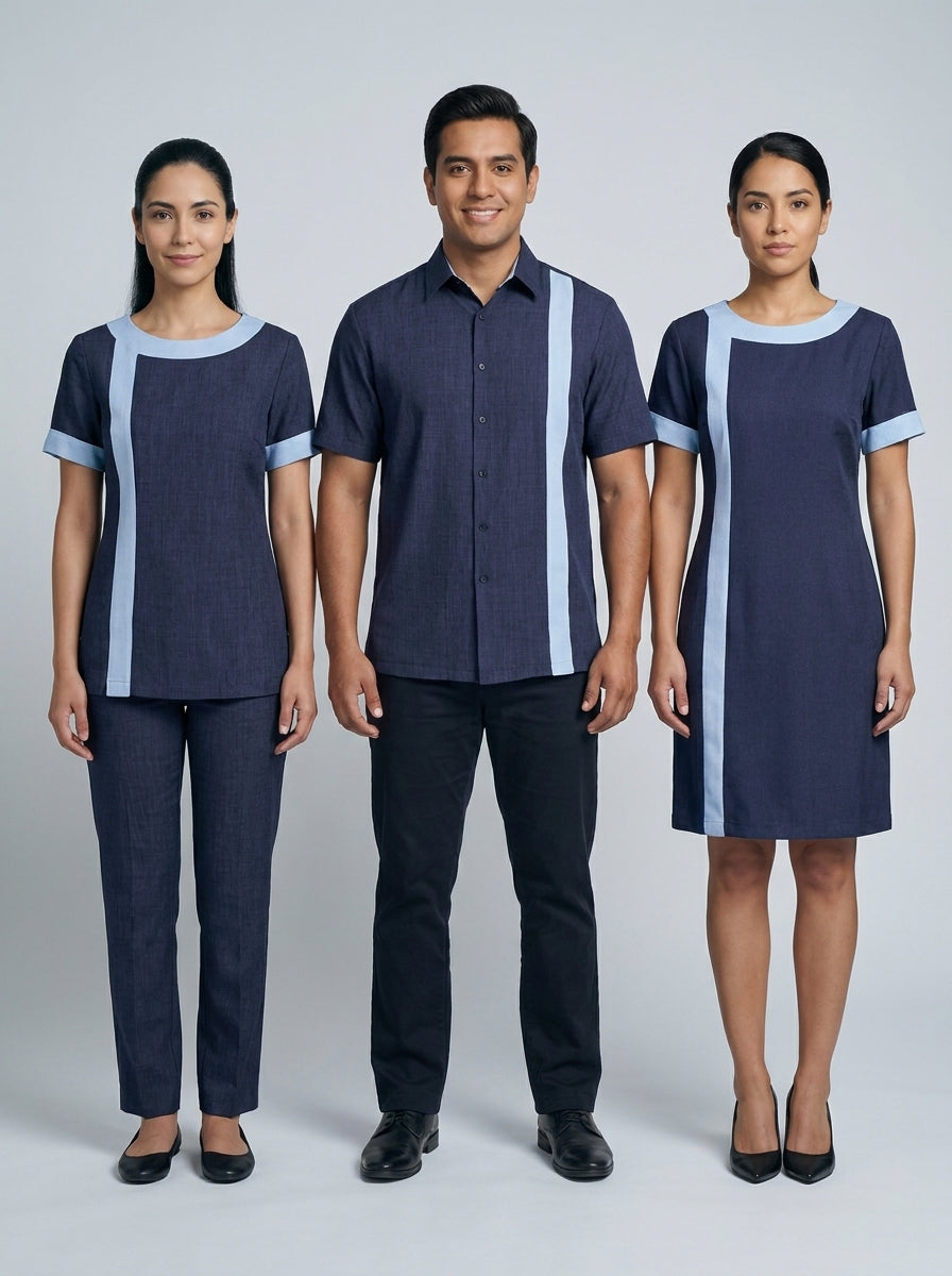 Dos damas con blusa y vestido azul marino de vivo celeste y caballero con camisa azul celeste para camarista y mozo de hotel.