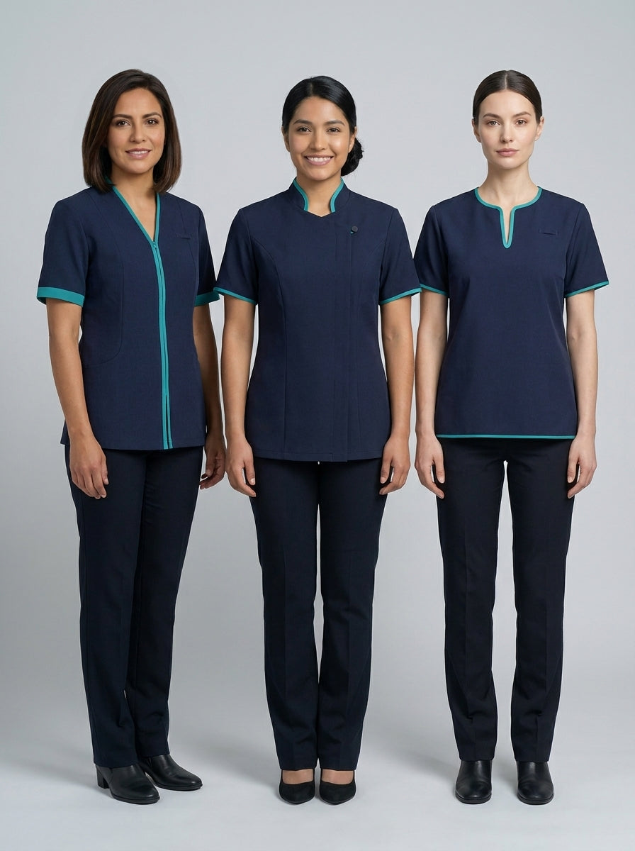Tres damas con blusa azul marino de vivo verde agua en distintos cuellos con pantalón para camarista de hotel.