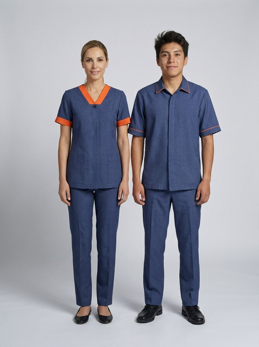 Dama con blusa azul mezclilla de escote naranja y caballero con camisa azul de ribete naranja para camarista y mozo de hotel.