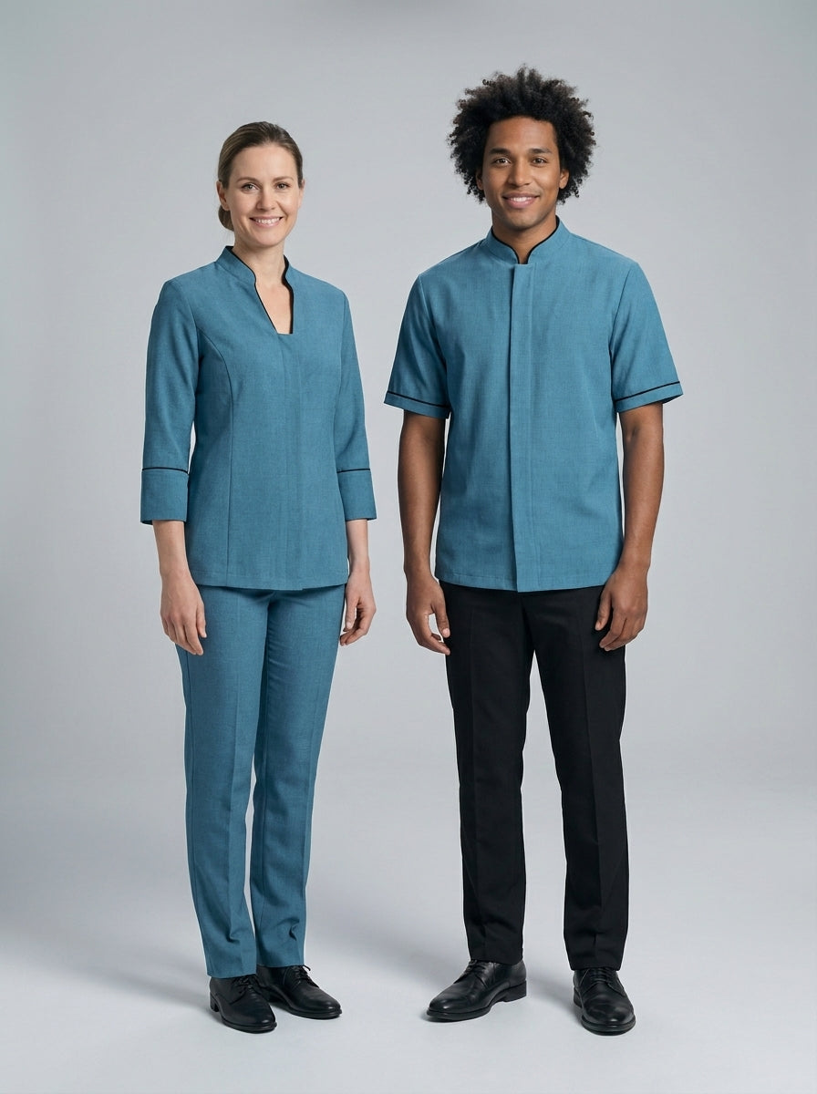 Dama con blusa azul petróleo de escote en pico y caballero con camisa azul petróleo de cuello mao para camarista de hotel.