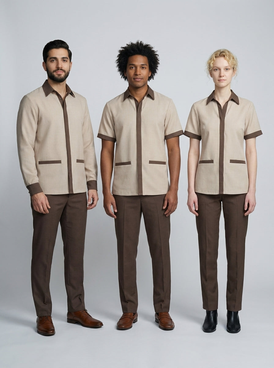 Dos caballeros con camisa beige de cuello café y dama con blusa beige de cuello café para camarista y mozo de hotel.