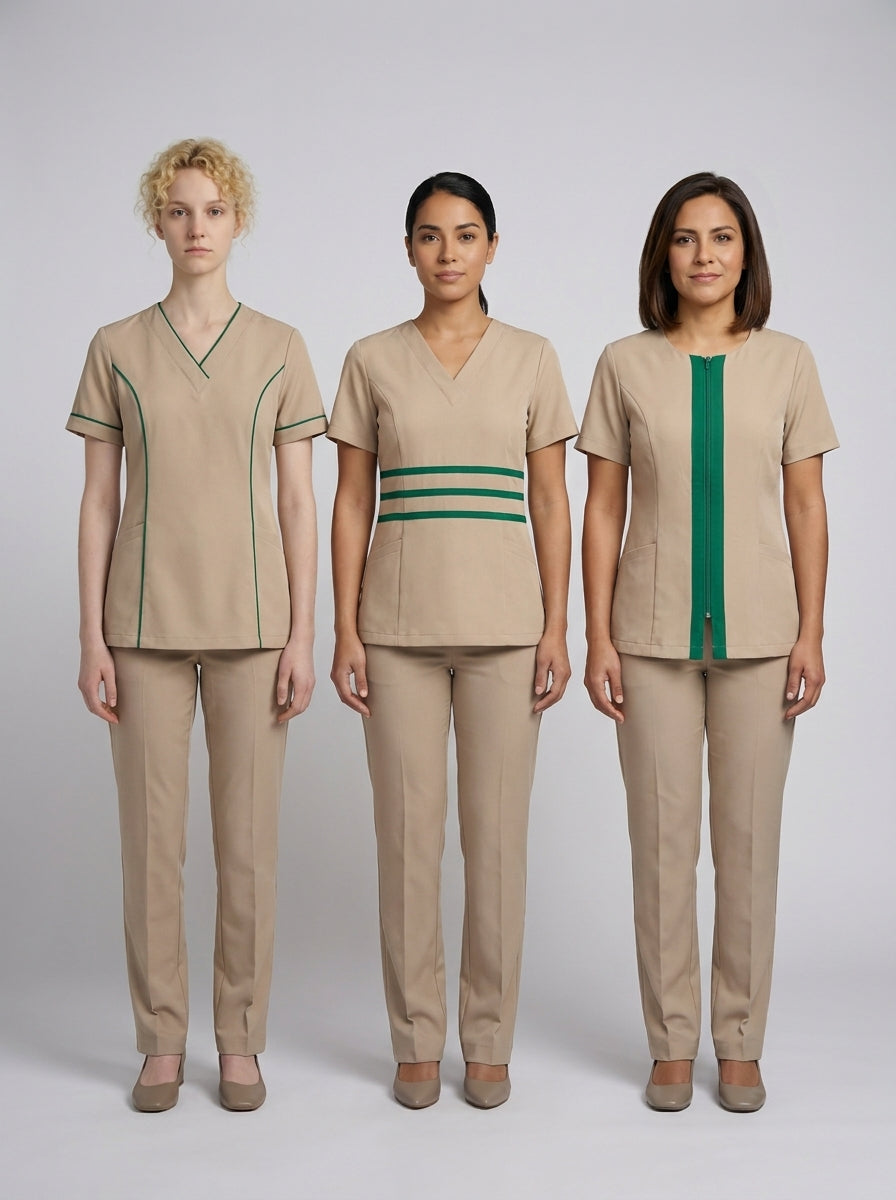 Tres damas con blusa beige de escote en V y detalles verdes con pantalón beige para camarista de hotel.
