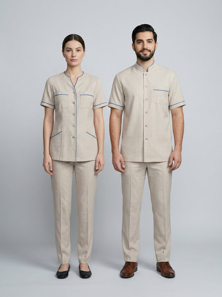 Dama con blusa beige de vivo azul y caballero con camisa beige de cuello mao y vivo azul para camarista y mozo de hotel.