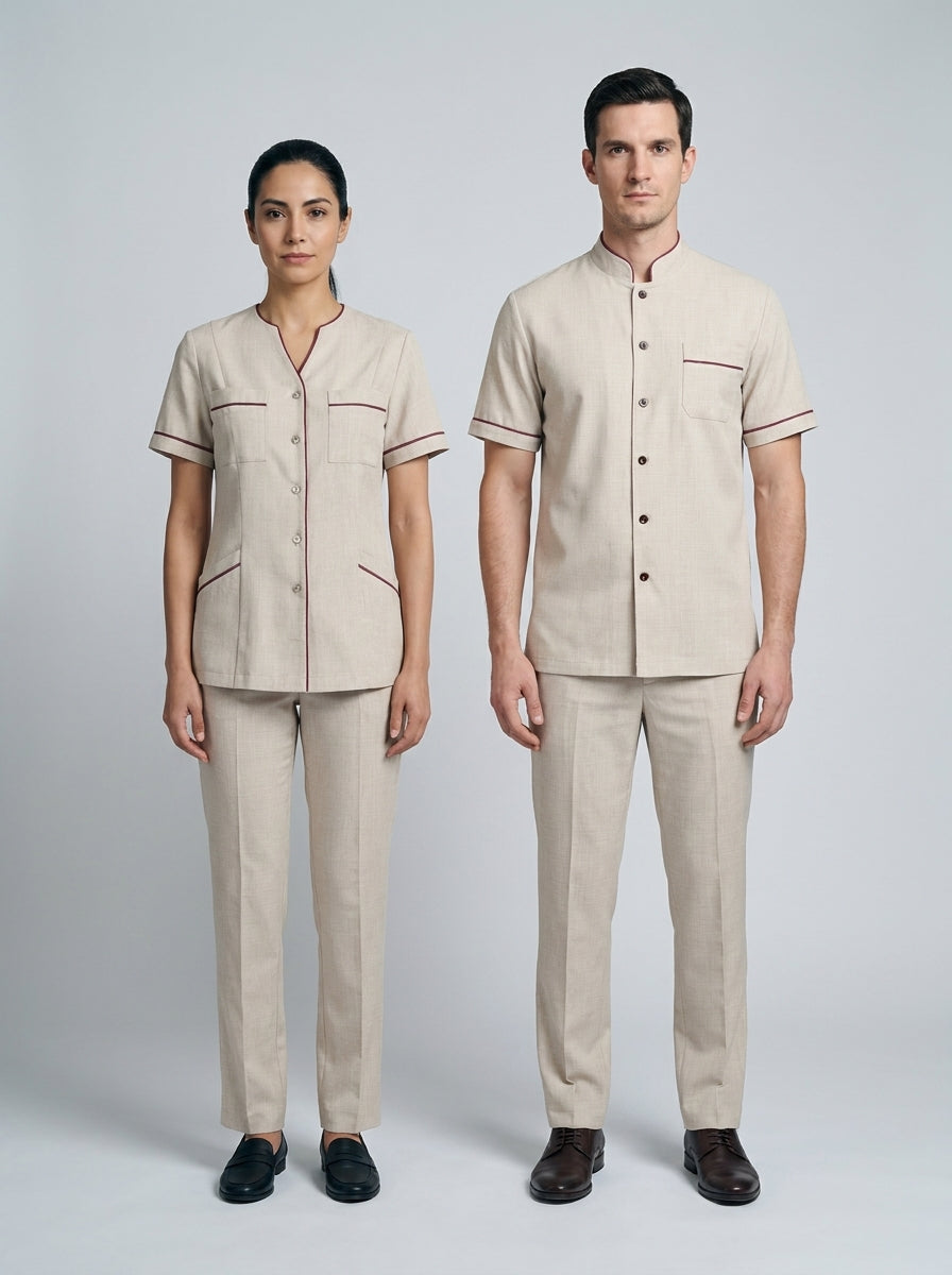 Dama con blusa beige de vivo vino y caballero con camisa beige de cuello mao y vivo vino para camarista y mozo de hotel.