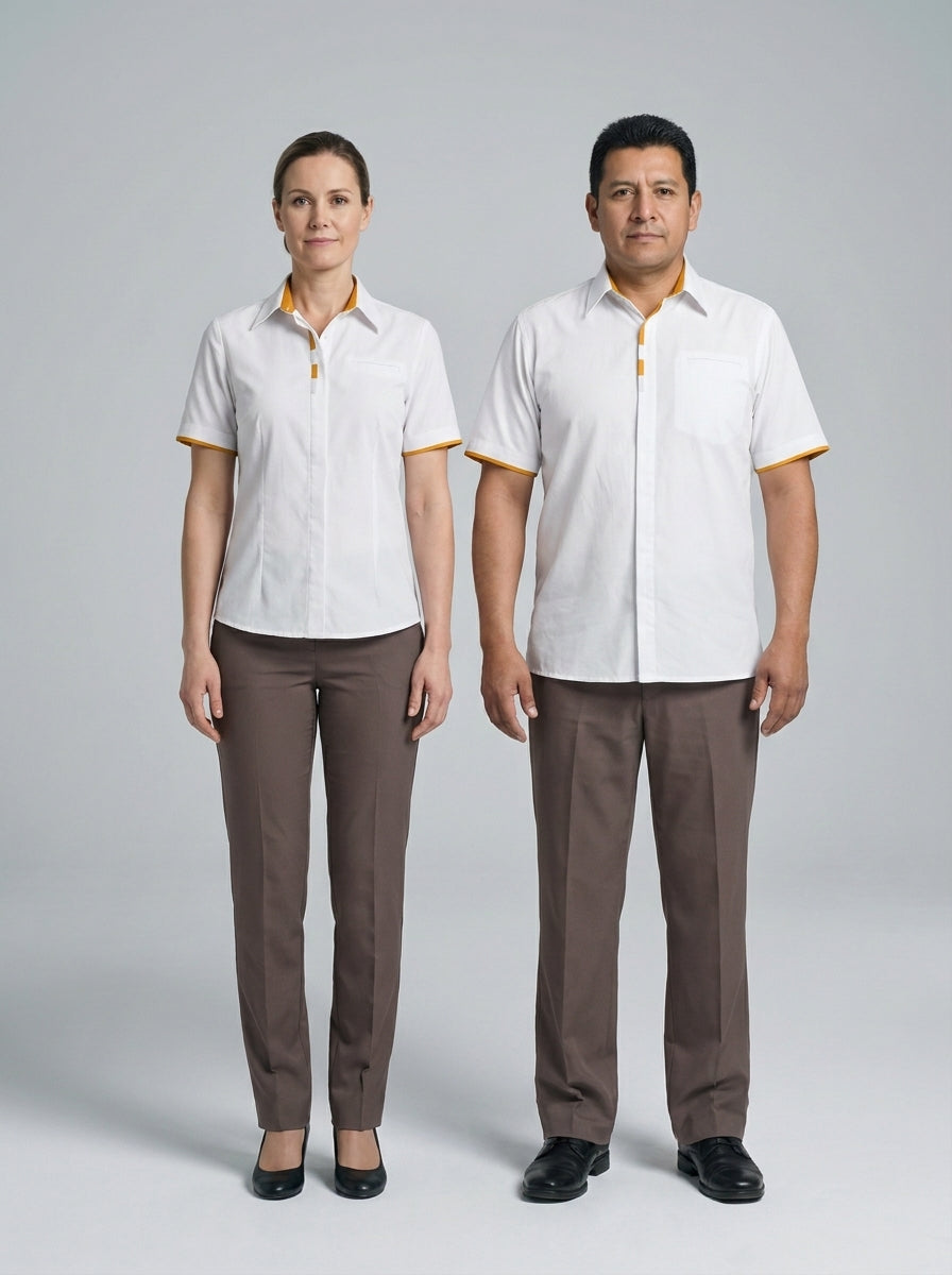 Dama con blusa blanca de cuello mostaza y caballero con camisa blanca de placket mostaza para camarista y mozo de hotel.