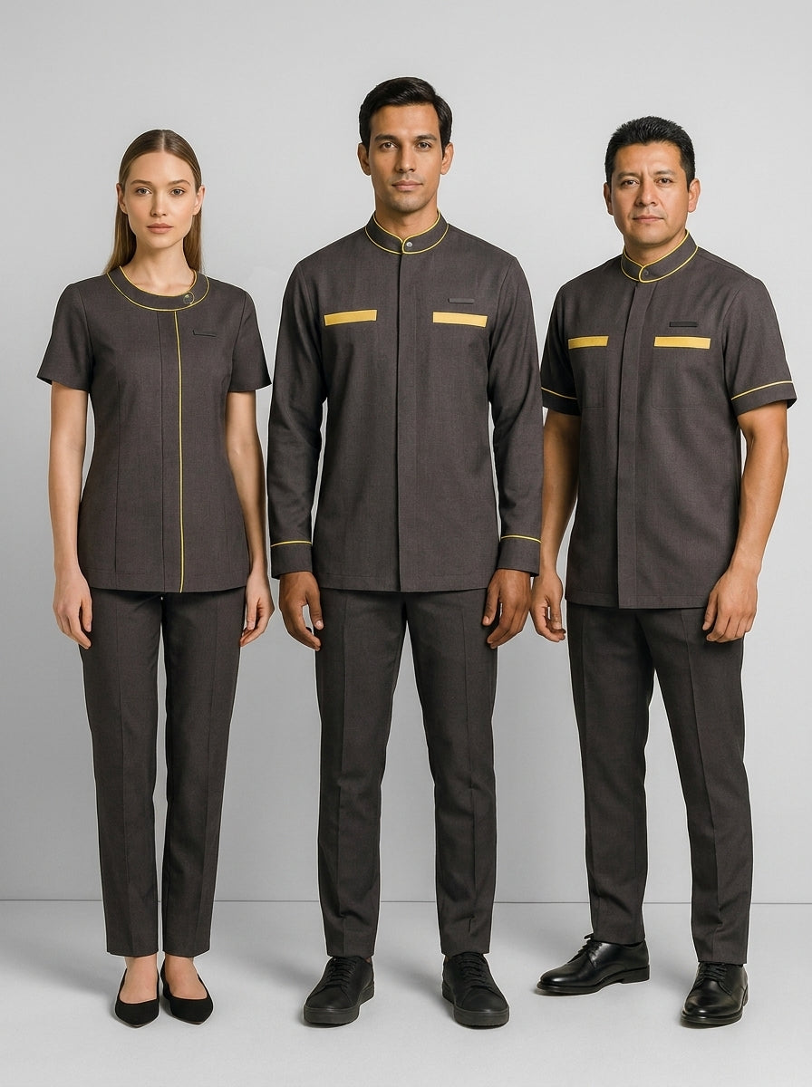 Dama con blusa café de vivo mostaza y caballeros con casaca y camisa café de banda mostaza para camarista y mozo de hotel.