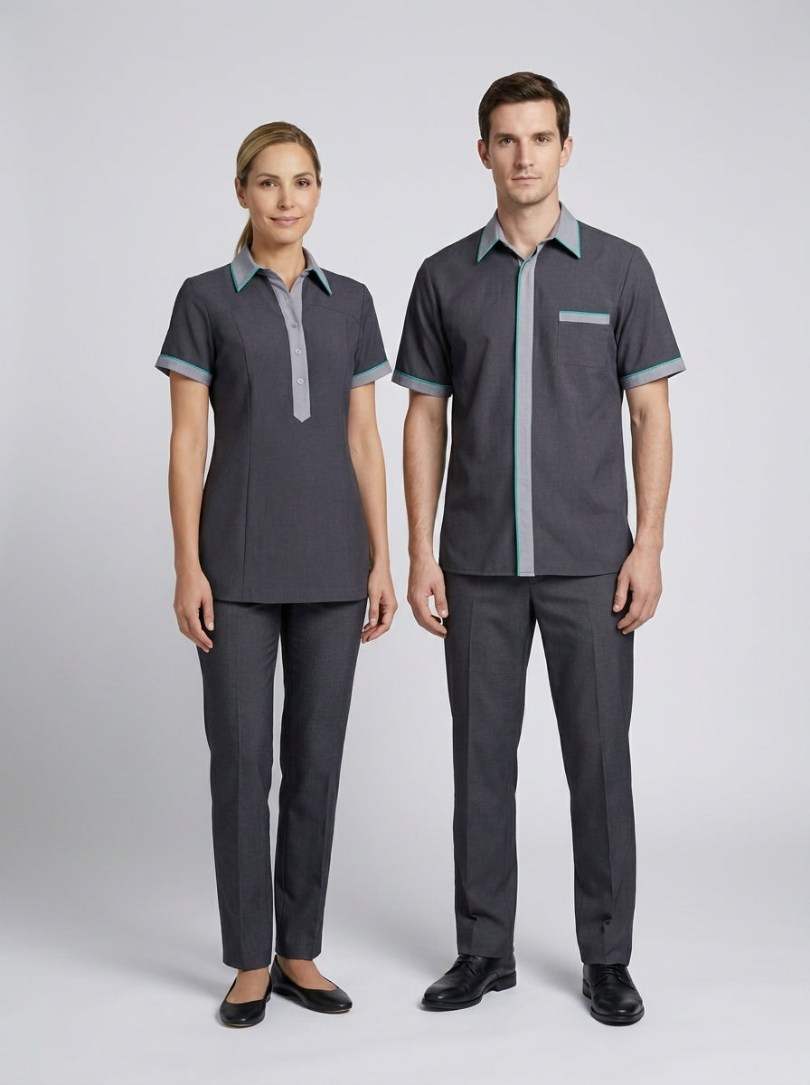 Dama con blusa gris oxford de cuello gris y caballero con camisa gris de vivo verde para camarista y mozo de hotel.