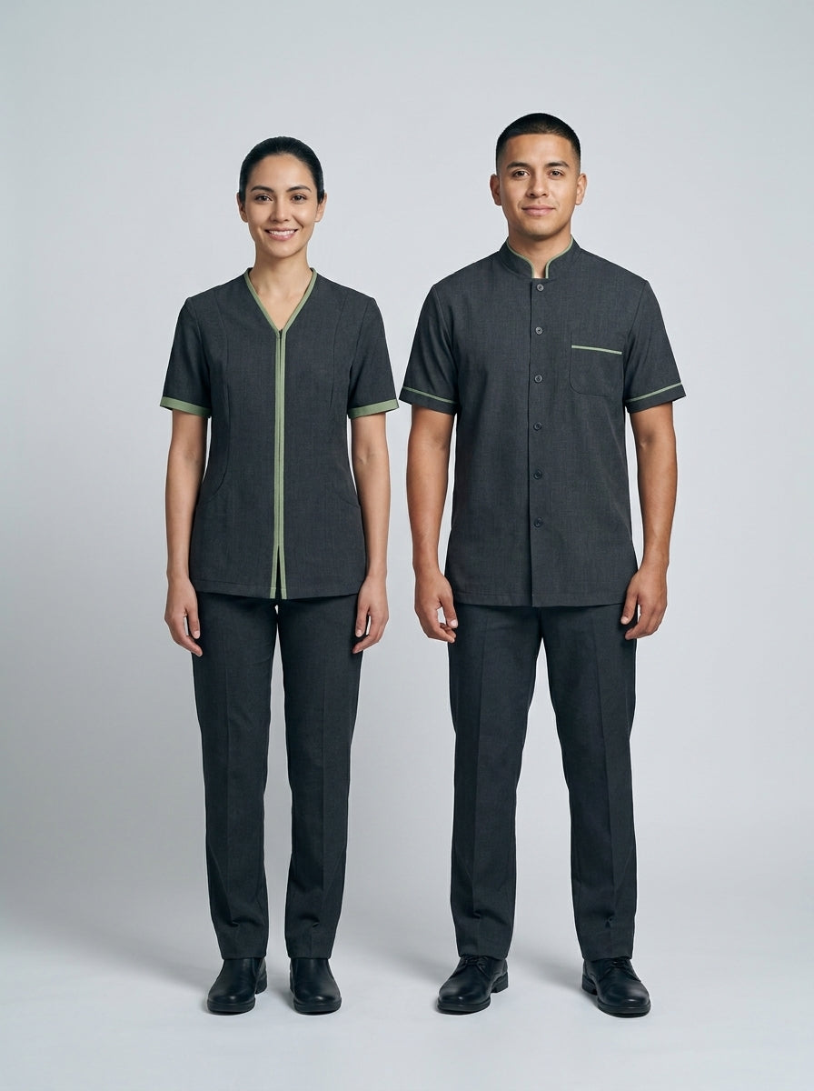 Dama con blusa gris de cierre y caballero con camisa gris de cuello mao y vivo verde para camarista y mozo de hotel.