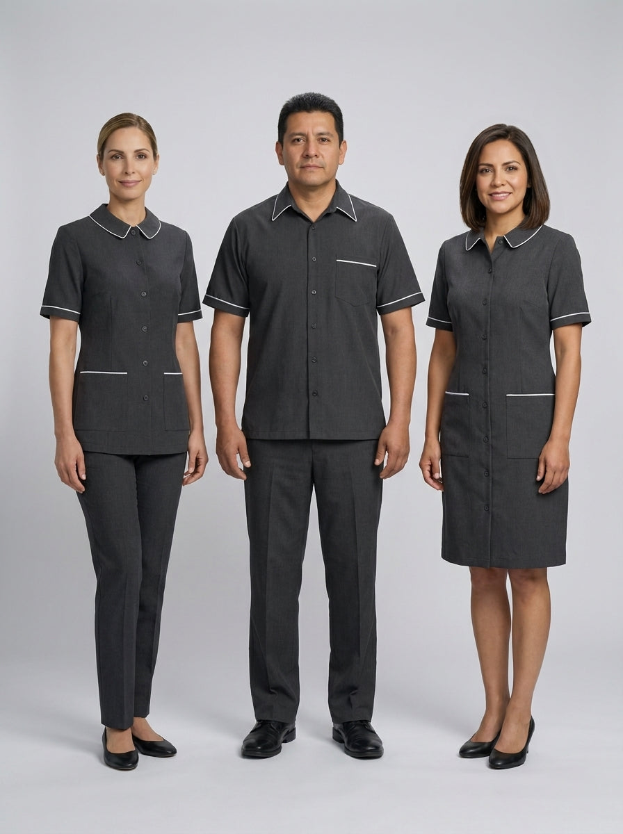 Dos damas con blusa y vestido gris oxford de vivo blanco y caballero con camisa gris para camarista y mozo de hotel.