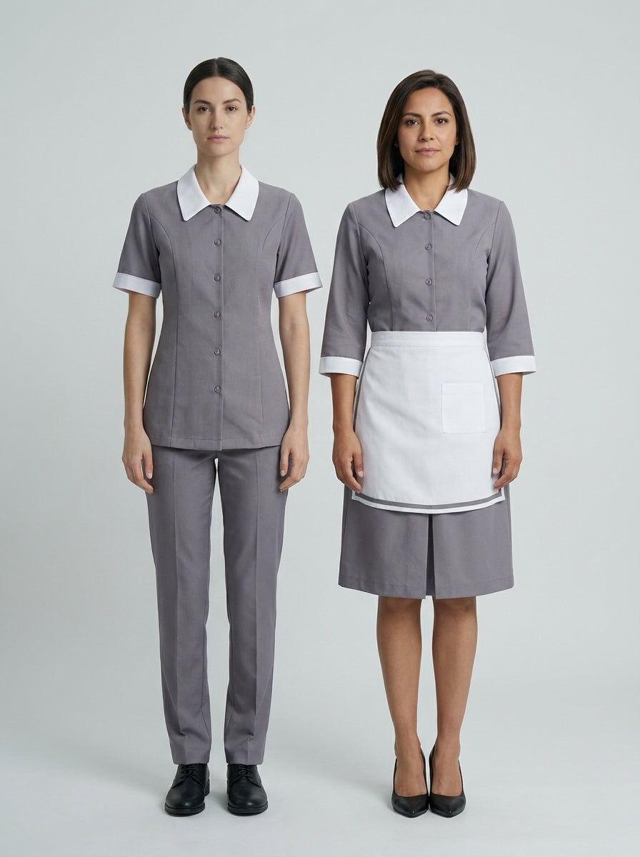 Dos damas con blusa gris de cuello blanco, una con mandil y falda y otra con pantalón, para camarista de hotel.