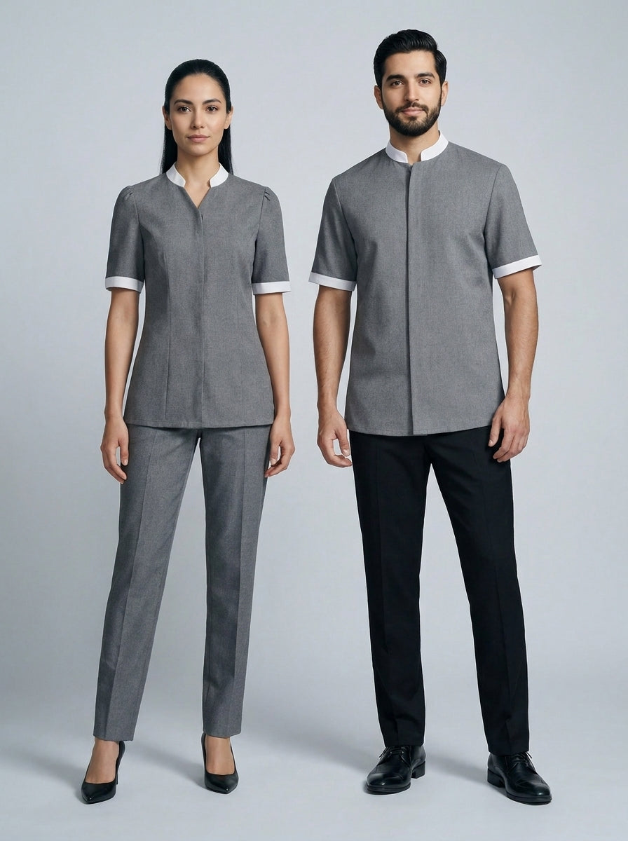 Dama con blusa gris de cuello blanco y caballero con camisa gris de cuello mao blanco para camarista y mozo de hotel.