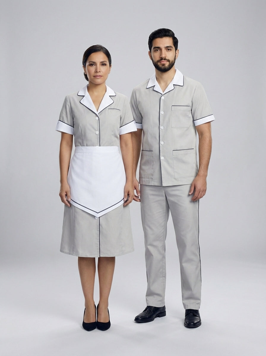 Dama con blusa gris de cuello blanco y mandil y caballero con camisa gris de cuello blanco para camarista y mozo de hotel.