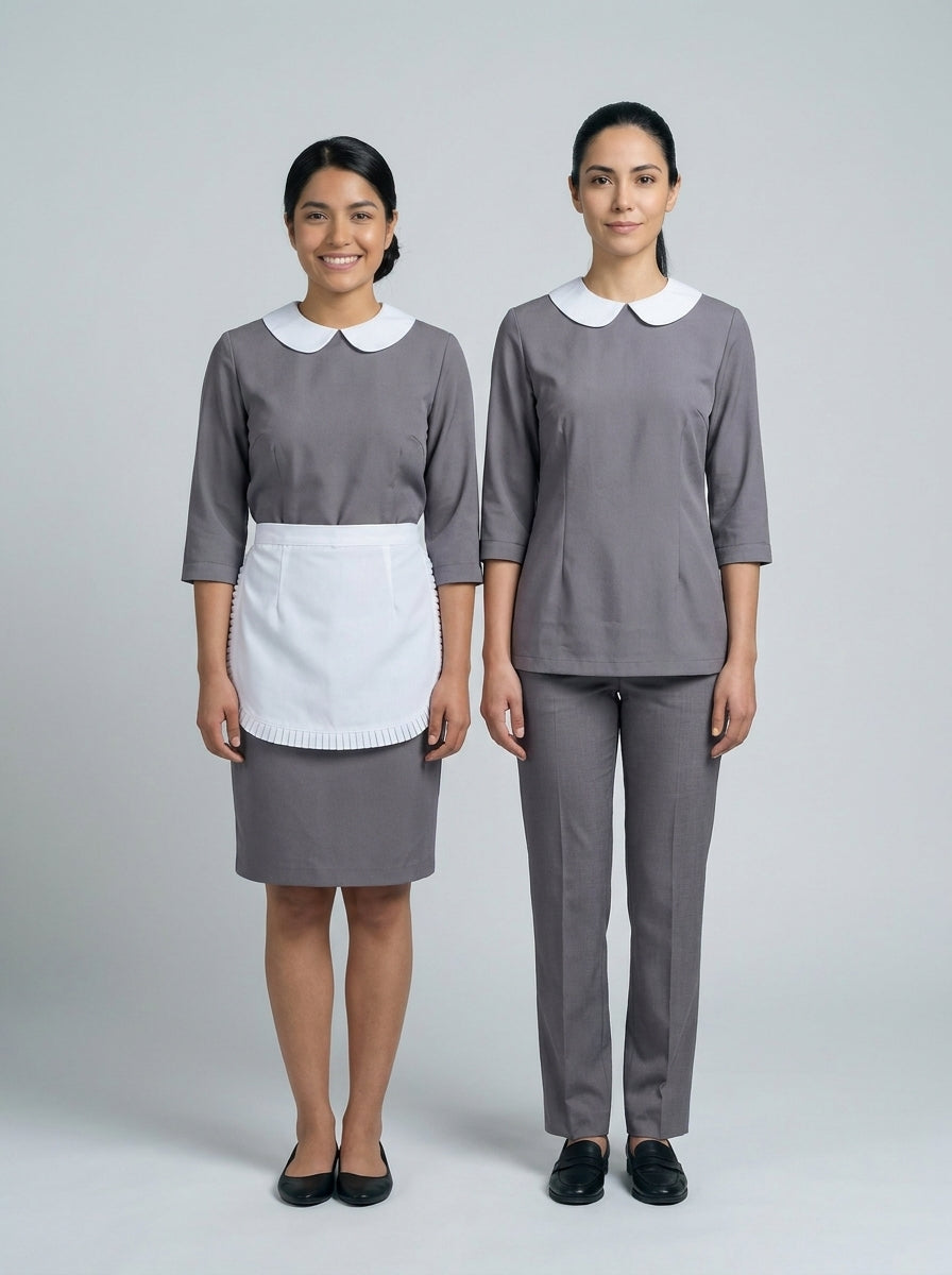 Dos damas con blusa gris de cuello bobo blanco, una con mandil y falda y otra con pantalón, para camarista de hotel.