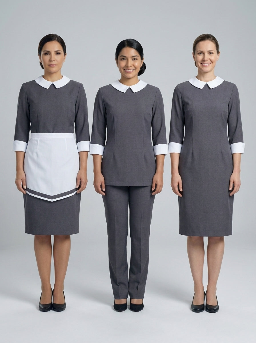 Tres damas con uniforme gris de cuello bobo blanco en vestido, blusa con pantalón y blusa con mandil, para camarista de hotel.