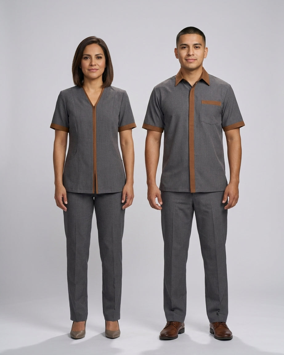 Dama con blusa gris de cierre y escote en V y caballero con camisa gris de cuello caramelo para camarista y mozo de hotel.