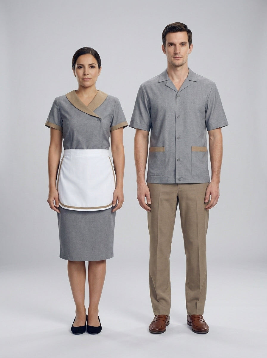 Dama con blusa gris de cuello cruzado y mandil blanco y caballero con camisa gris de vivo caqui para camarista y mozo de hotel.