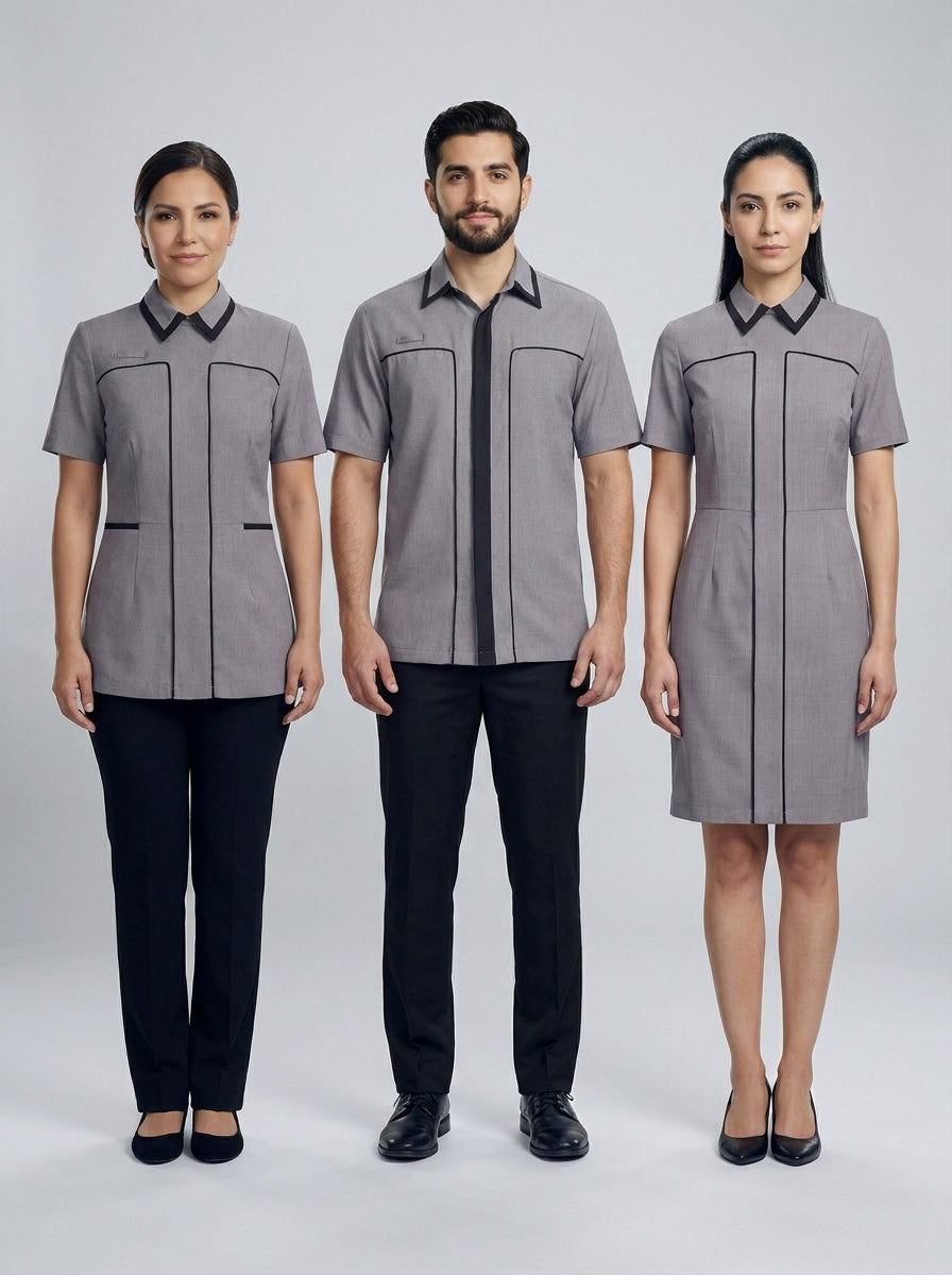 Dos damas con blusa y vestido gris de vivo negro y caballero con camisa gris de placket negro para camarista y mozo de hotel.